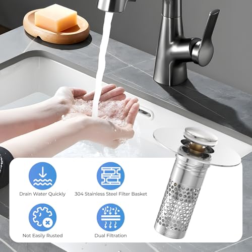 2 Pack Pop Up Bathroom Sink Drain Stoppers, Removable Sink Drain Strainer Stopper Hair Catcher with Stainless Steel Anti-Clog Filter Basket for Sinks and Drains 1.06-1.5 Inch