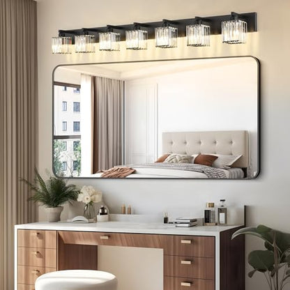 Aipsun Black Vanity Light Crystal Bathroom Lighting Fixtures Modern Bathroom Vanity Light 7 Light (Exclude Bulb) - color: Black, size: 58 inch