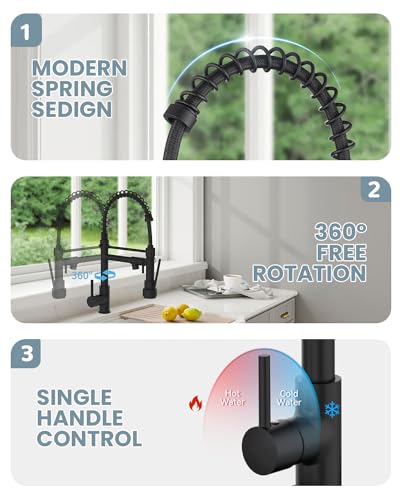 Kitchen Faucet, Black Kitchen Sink Faucets with Pull Down Sprayer, Single Handle Stainless Steel Faucets for Kitchen Sinks, Dual Function Spray Head, Farmhouse Kitchen Faucets,KF-B-8001 - color: A.Matte Black, style: 2.Faucet
