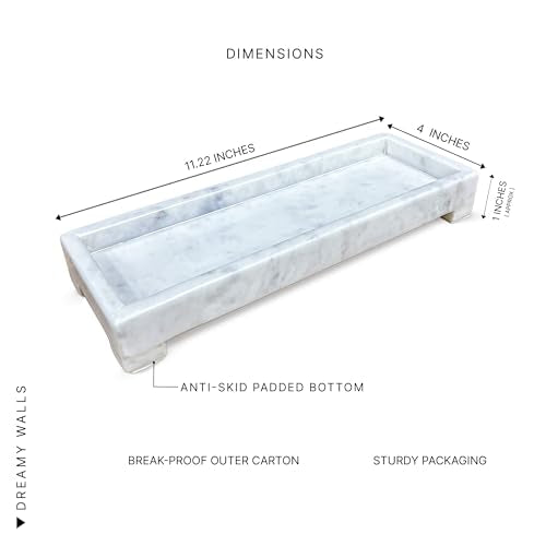 Banswara White Marble Vanity Tray - 11×4 Inch | Marble Tray for Bathroom, Perfume, Jewellery & Dressing | Trinket Tray, Bathroom Tray for Toiletries | Anti-Slip | Handmade in India