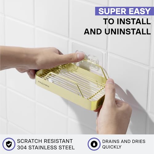 Premium Stainless Steel Soap Holder - Durable with 360-Degree Ventilation - Strong Adhesive Soap Bar Hold - Dish Caddy for Shower Wall Bathroom Mirror Kitchen - Gold