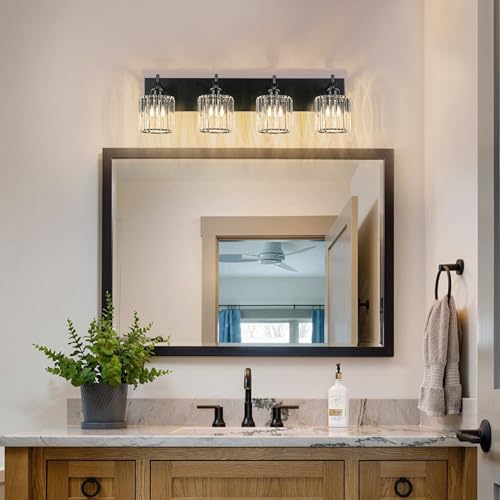 Black Crystal Bathroom Vanity Lights, Modern 4-Lights Bathroom Lighting Fixtures Over Mirror, Crystal Wall Lighting with Round Shade - color: Black-Round Shade, size: 4-Light