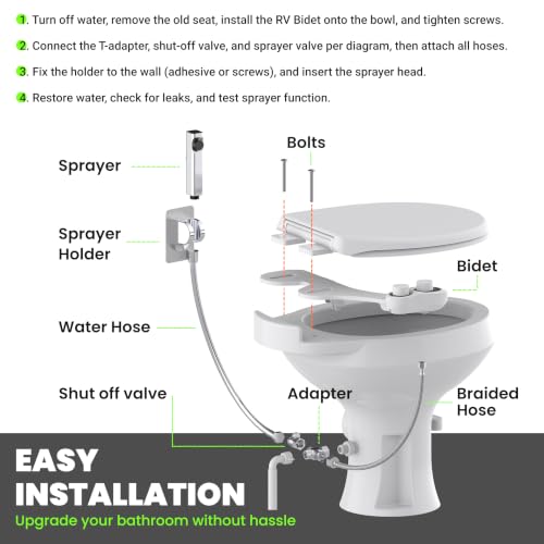 2-in-1 RV Bidet Attachment and Handheld Sprayer Combo for Camper Toilet, Non-Electric Dual Nozzle Toilet Bidet with Metal Spray Wand, Adjustable Pressure - color: White Knob