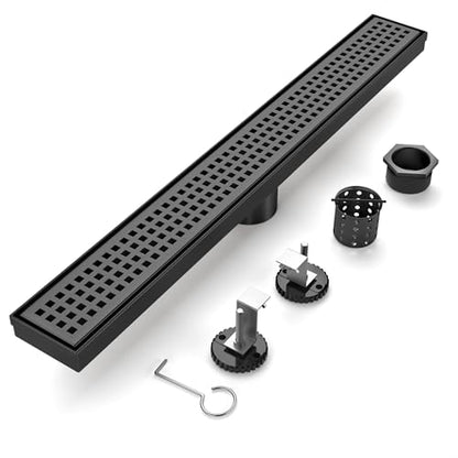 Linear Shower Drain - 24 Inch Matte Black, with Grate Removable | AISI 304 Stainless Steel Shower Drain with Adjustable Feet, Hair Catcher, Rectangle Shower Floor Drain Fits Bathroom, Balcony - color: Matte Black, size: 24 Inch