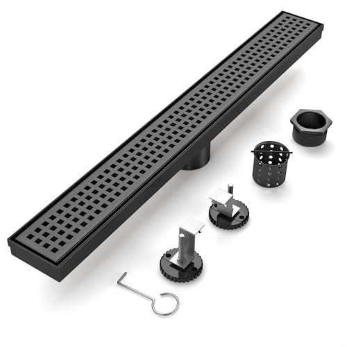 Linear Shower Drain - 32 Inch Matte Black, with Grate Removable | AISI 304 Stainless Steel Shower Drain with Adjustable Feet, Hair Catcher, Rectangle Shower Floor Drain Fits Bathroom, Balcony - color: Matte Black, size: 32 Inch