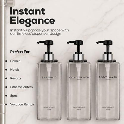 Clear Shampoo and Conditioner Dispenser Set Wall Mounted by Brighter Barns - Refillable Shower Soap Dispensers 3 Chamber No Drill - Plastic Shampoo, Body Wash and Conditioner Bottle for Hotels (Clear) - color: Clear