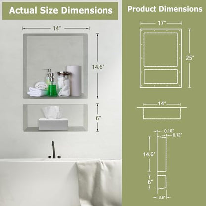 Suteck 25"x17" Shower Niche, 2-Tier Built-in Shelf Tile-Ready Storage Box | 14"x16.5" & 14"x6" Cubby | 100% Waterproof ABS | Over/Flush Mount, Vertical/Horizontal | Multi-Scene For Bathroom, Kitchen - size: 17"x25"