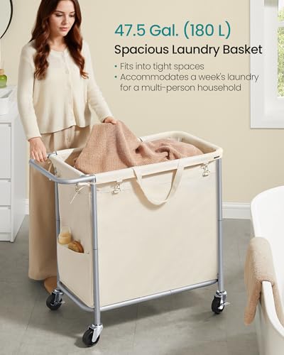 SONGMICS Laundry Basket with Wheels, Rolling Laundry Hamper, 47.5 Gallons (180 L), Removable Liner, Steel Frame with Handle, 31.5 x 15.4 x 31.9 Inches, Cream White URLS011W01 - color: Cream White, size: 180 L (1-Section)