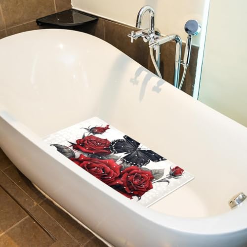 Bath Tub Shower Mat, Washable Bathtub Floor Mats, Suction Cups and Drain Holes to Keep Tubs Clean, Soft on Feet, Bathroom Essentials, 26.8x15.1 Inch, Rose Butterfly - color: Multi 10