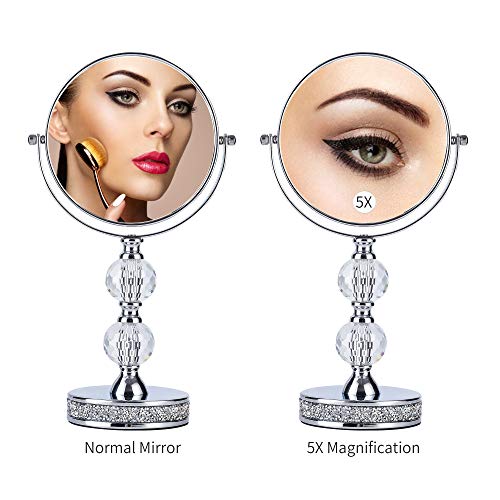 Hanjue Makeup Mirror, 360 Degree Swivel Vanity Mirror, Crystal Cosmetic Mirror, 1X/5X Magnifying Double Sided Mirror,Adjustable Makeup Mirror M020