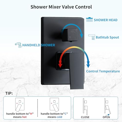 Matte Black Shower Faucet Set with Tub Spout 10 Inch | 2 Hooks, Tub and Shower Faucet Combo, Rain Shower and Handheld Shower System Square Wall Mount for Bathroom - color: Matte Black, style: 10 Inch
