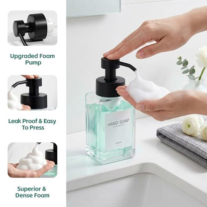 Foaming Soap Dispenser, 12oz/350ml Glass Foaming Hand Soap Dispenser Set, 2Pcs Refillable Foam Soap Dispenser With Foaming Pump, Labels, Square Foam Soap Hand Dispenser For Bathroom, Kitchen - color: Clear Bottle