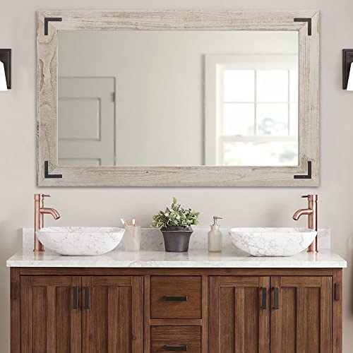Rustic Wooden Framed Wall Mirror, Natural Wood Bathroom Vanity Mirror for Farmhouse Decor, Vertical or Horizontal Hanging (40" x 26", White Grey) - color: White Grey, size: 40"L x 26"W