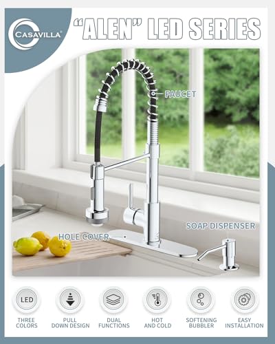 Kitchen Faucet with LED Light, Chrome Faucet with Soap Dispenser, Faucet for Kitchen Sink, Single Handle Stainless Steel Kitchen Sink Faucets with Pull Down Sprayer, Camper Farmhouse RV - color: E-Chrome Polished, style: Rustic