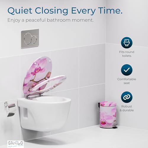 SANILO Wooden Toilet Seat with Soft Close [ROUND] - Decorative, Quiet & Slow Close Molded Wood Seat - With Strong Bumpers & Hinges - Adjustable Fit – Blooming - color: Blooming