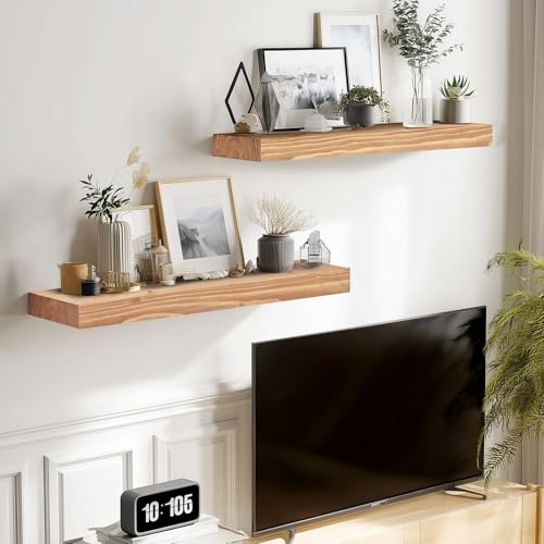Solid Wood Floating Shelves, 17 Inch Wall Shelves, Set of 2, Oak | 8 Inch Deep, 1.6 Inch Thick, Extra-Wide Display Space, Mounting Hardware Included, For Kitchen, Bathroom and Living Room - color: Oak, size: 17x8x1.6