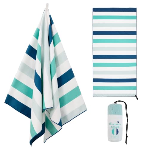 Exclusivo Mezcla Large Microfiber Quick Dry Beach Towel, Lightweight Sand-Free Cabana Stripe Pool Travel Camping Towel with Bag (Green, 30x60 Inches) | 30x60 Inches, Lightweight, Sandfree, Super Absorbent, Swimming Towel for Camping Travel with Bag, Green