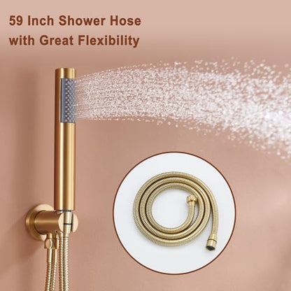 MONDAWE 12 Inch Ceiling Mounted Brushed Gold Shower System, 3-Functions Shower Faucet Set with Rainfall Dual Shower Head and High Pressure Handheld Spray, All Function Can be Used At the Same Time - color: Brushed Gold