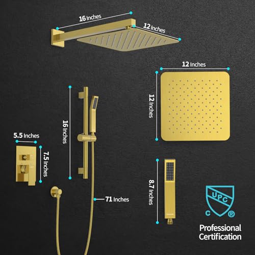 SR SUN RISE 12 Inch Square Shower System with Slide Bar,Brushed Gold | Rain Head and Handle System,16" Adjustable Shower Slide Bar,Soild Brass,Wall Mount,Included Valve and Trim Kit - color: Brushed Gold, size: 12 Inch