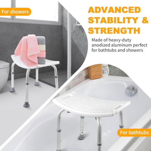 Shower Chair for Inside Shower, 400 lbs Heavy Duty Shower Stool with 12 Drainage Holes & Suction Feet, Adjustable Bath Chair with Back, Shower Seat for Elderly, Disabled, Pregnant - White