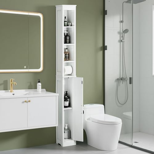 VECELO Narrow Bathroom Storage Cabinet with 3 Adjustable Shelves, 71" Tall Freestanding Cabinet with Toilet Paper Holder, Slim Tower Cabinet with Magnetic Door, for Small Spaces, White - color: Shelf Top
