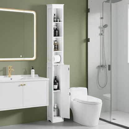 VECELO Narrow Bathroom Storage Cabinet with 3 Adjustable Shelves, 71" Tall Freestanding Cabinet with Toilet Paper Holder, Slim Tower Cabinet with Magnetic Door, for Small Spaces, White - color: Shelf Top