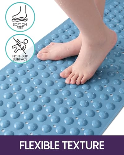DEXI Bathtub Mat Non Slip 16x35, Shower Floor Mats for Bathroom Bath Tub | Blue Washable Oval Bathmat, Suction Cups and Drain Holes to Keep Tubs Clean - color: All Blue