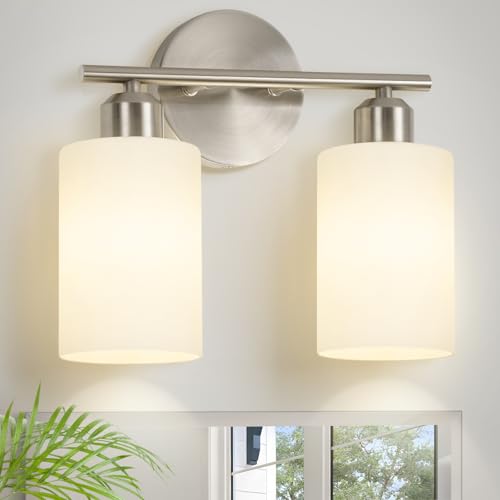 Brushed Nickel Bathroom Light Fixtures, 2-Light Modern Vanity Light Over Mirror, Wall Sconces with Milky White Frosted Glass Shades for Hallway, E26 - color: Milky White & Brushed Nickel, size: 2 Light - 1 pack