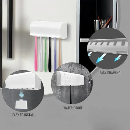 6 Slots Toothbrush Holder Wall Mount with Cover, Self Adhesive Toothbrushes Storage Organizer Perfect for Dorm Bathrooms and Shower, Holds 6 Toothbrushes. White