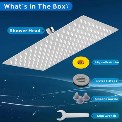 Voolan Rain Shower Head - High Flow Large Rainfall Shower Heads Made of Stainless Steel - Waterfall Bathroom Square Showerhead - Ceiling or Wall Mount (12 * 8 Inch Rectangle, Chrome) - color: Chrome, size: 12*8 Inch Rectangle