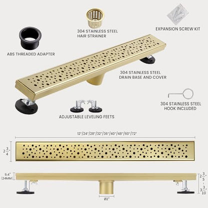 Linear Shower Drain, 24 inch Brushed Gold | Including Hair Catcher and Removable Grate, 304 Stainless Steel, Easy to Install and Clean (Drain Base Not Included) - color: Brushed Gold, size: 24 inch