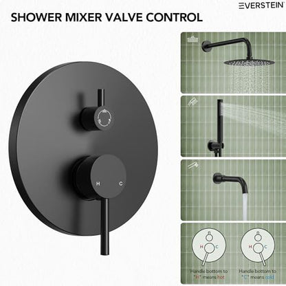 10" High-Pressure Rainfall Shower System with Handheld Spray, Wall Mount Bathroom Shower Faucet Set with Tub Spout (Matte Black) - color: Matte Black, style: With Tub Spout