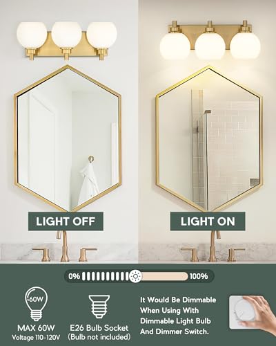 Bathroom Light Fixtures, 3-Light Brushed Gold Vanity Light, Modern Wall Sconces with Milk White Globe Glass Shade, Vanity Lighting Fixtures Over Mirror, VL195-BG-ML-3 | 18" modern bathroom light fixtures over mirror, E26 base, bulbs not included, VL195-BG