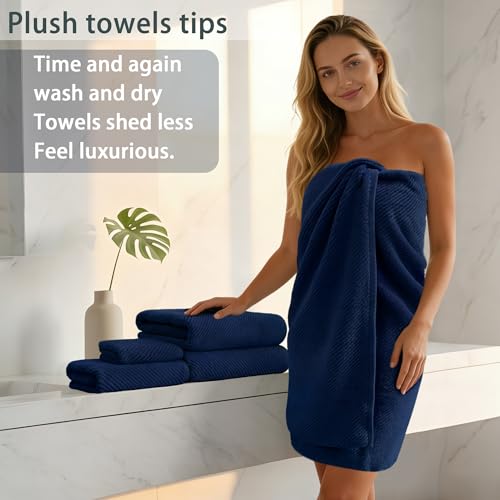 Blue Towels Set for Bathroom, Luxury 3 Piece Gift set, 100% Cotton | Quick Dry | Soft | Thick, 1 Large Bath 30" x 56", 1 Hand 18" x 28", 1 Wash Cloth 13" x 13", Bathroom Essentials, Navy - color: Marine Blue - Dark Navy, size: 3 PC Bathroom Towel Set