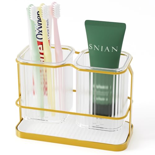 Gold Toothbrush Holders for Bathrooms, 2 Cups Toothbrush Holders Wall Mounted, Dry & Wet Separation, Bathroom Organizer and Storage - Bathroom Toothbrush Holder Set for Family Kids - color: Gold