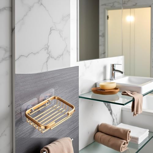 1Pcs Gold Soap Holder for Shower Wall, Stainless Steel Adhesive Soap Dish, Bathroom Storage Rack, Drill Free Soap Holder Storage Rack Soap Dishes, Bathroom Accessories