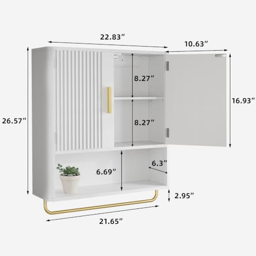 Bathroom Wall Cabinet, Medicine Cabinet with Fluted Door & Adjustable Shelf | Over The Toilet Storage Cabinet with Towel Bar, Space-Saving Cabinet Wall Mount for Laundry Room, Kitchen, Living Room - color: White
