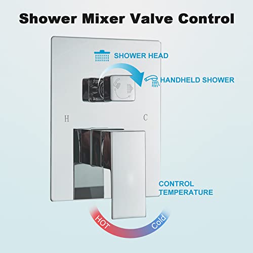 Ceiling Mount Shower Faucet Set 12 Inch LED Rainfall Shower Head Bathroom Rainfall Shower System with Handheld Spray Rough-in Valve Body and Trim Included, Chrome Finished - color: ‎Polished Chrome, style: 12"-led