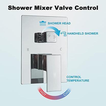 Ceiling Mount Shower Faucet Set 12 Inch LED Rainfall Shower Head Bathroom Rainfall Shower System with Handheld Spray Rough-in Valve Body and Trim Included, Chrome Finished - color: ‎Polished Chrome, style: 12"-led
