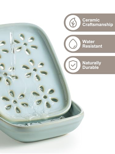 Miamolo Soap Dish for Shower with Drainage, 2-Tier Soap Holder for Bar Soap Sponge, Ceramic Soap Dish with Removable Drip Tray for Bathroom Sink, Mess-Free, Easy Cleaning Dishwasher Safe, Blue - color: Blue