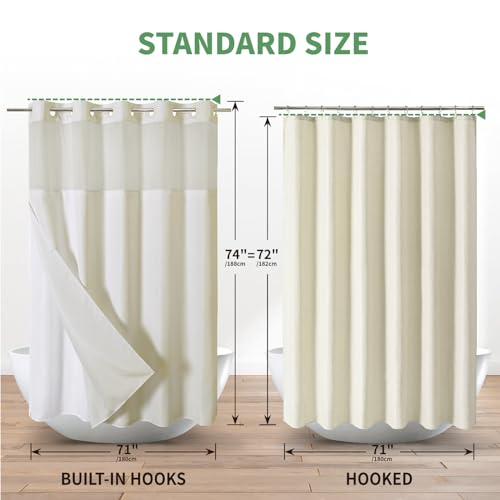eachope Cream No Hook Shower Curtain with Snap-in Fabric Liner Set,Slub Textured Fabric Shower Curtains for Bathroom,Hotel Style Modern Shower Curtain,Water Repellent & Washable,71x74(72) | Hotel Style Fabric with See-Through Top Window, Water Repellent &