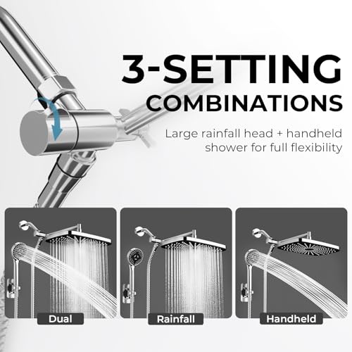 Chrome Rain Shower Head with Handheld Shower Head, 5 Spray Modes | High-Pressure Dual Shower Combo, Multi-Spray Handheld, 15-Inch Metal Extension Arm, Detachable Design for Easy, Flexible Use - color: Chrome