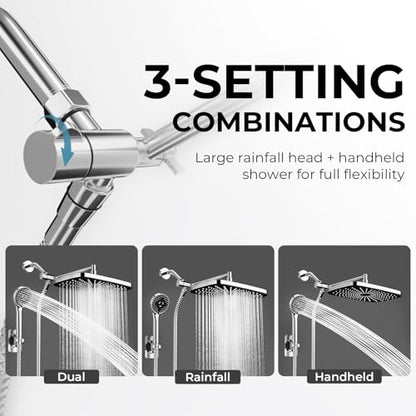 Chrome Rain Shower Head with Handheld Shower Head, 5 Spray Modes | High-Pressure Dual Shower Combo, Multi-Spray Handheld, 15-Inch Metal Extension Arm, Detachable Design for Easy, Flexible Use - color: Chrome