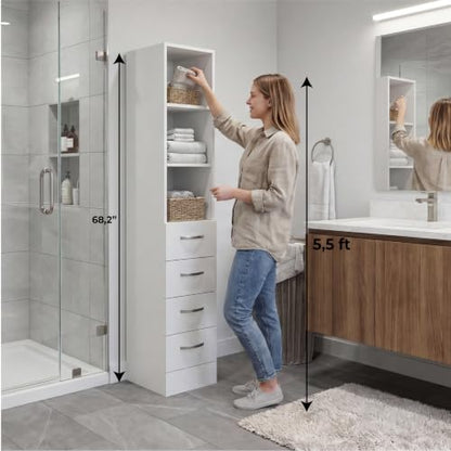 Tuhome Vanguard Tall Linen Cabinet, 68.3" Glass-Door Bathroom Linen Tower with 4 Drawers & 3 Open Shelves, Slim 12" Engineered Wood Linen Storage Cabinet