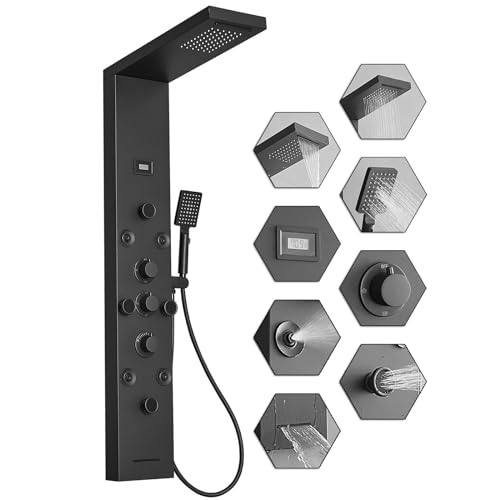 Stainless Steel Shower Panel Tower System 6 IN 1 Massage System | Rainfall Waterfall Shower Head,Two Mode Body Spray Jets,Waterfall Tub Spout,with Temperature Display,Wall Mounted,Matte Black - color: Black