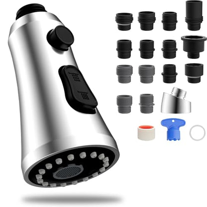 Hibbent Pull Down Kitchen Faucet Head Replacement, 3-Function NSF/ANSI/CAN 61 & CUPC Certified Sink Spray Nozzle, 15 Adapters, Compatible with Moen, Delta, Kohler Faucets, Chrome (Shiny Silver) - color: Chrome, style: Stay on sprayer without hold button