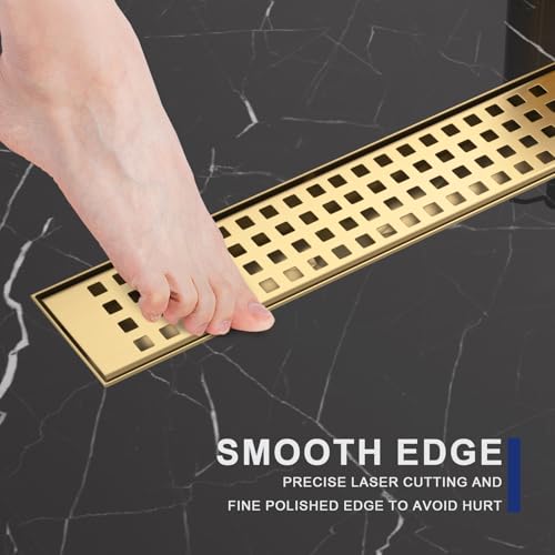 12 Inch Linear Shower Drain - Brushed Gold, with Removable Grate | AISI 304 Stainless Steel Shower Drain, Long Rectangle Shower Floor Drain with Adjustable Feet, Fits Bathroom & Balcony etc - color: Brushed Gold, size: 12 in