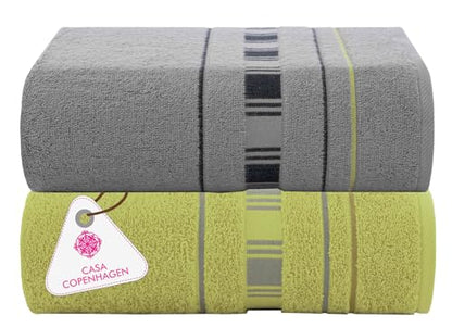 CASA COPENHAGEN X Line 2Pcs 100% Egyptian Cotton Large Designer Bathsheet Towels Gift Set- Silver Grey - Green, 600GSM, 35"x70" 2Bath Sheet Towels for Bathroom (Gift Set for Women & Men)