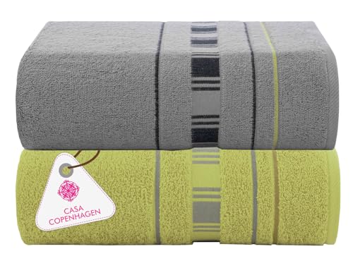 CASA COPENHAGEN X Line 2Pcs 100% Egyptian Cotton Large Designer Bathsheet Towels Gift Set- Silver Grey - Green, 600GSM, 35"x70" 2Bath Sheet Towels for Bathroom (Gift Set for Women & Men)