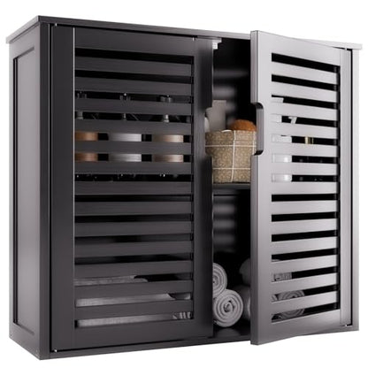 HITNET Black Bathroom Storage Cabinet, Hanging Medicine Cabinet with Adjustable Shelf, Bamboo Over the Toilet Wall Mounted Space Saver Organizer, Double Doors - color: Black